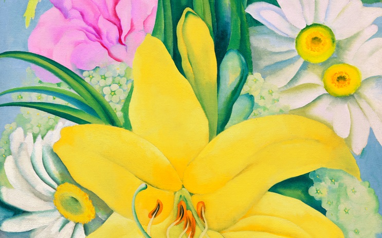 A vibrant painting of yellow lilies, white daisies, and pink flowers with green leaves.