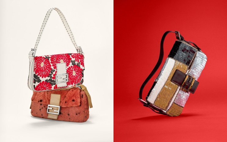 Two designer handbags are displayed, each featuring unique patterns and textures.