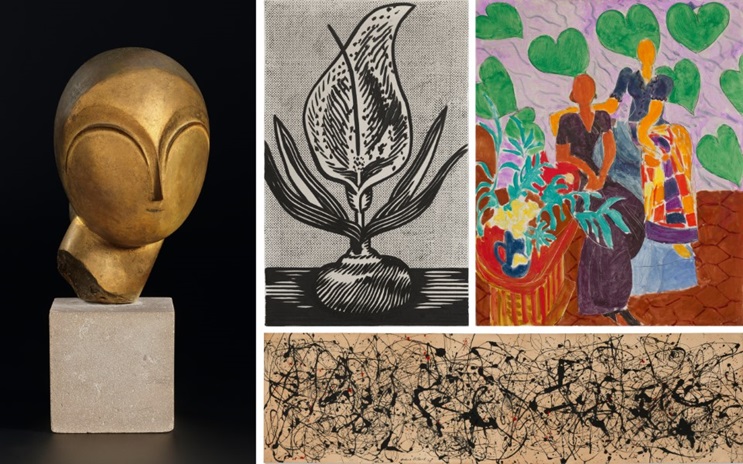 Collage of modern art: abstract sculpture, floral print, colorful figures, and splatter painting.