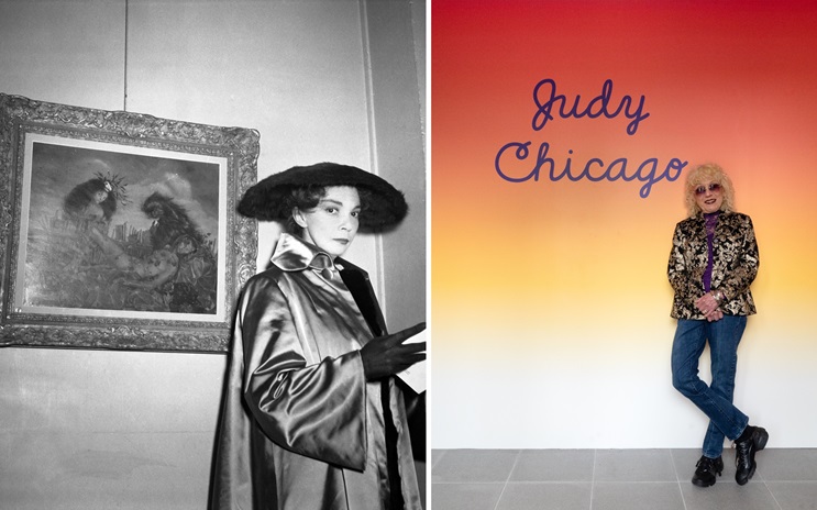 The image shows two women, Leonor Fini in vintage attire beside a painting and Judy Chicago standing by "Judy Chicago" text.
