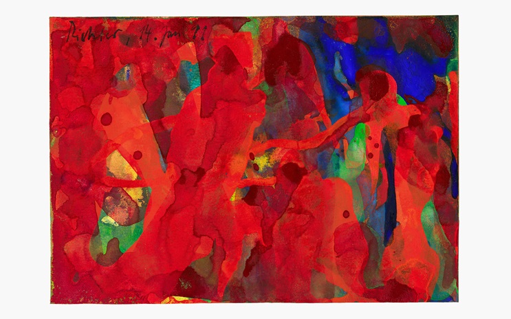 Abstract painting with vibrant red, green, and blue hues blending together in fluid, organic shapes.
