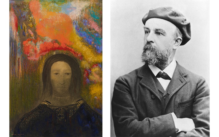 A colorful abstract portrait is shown on the left, and a bearded Odilon Redon in a beret is on the right.