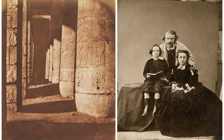 The image shows ancient Egyptian columns with hieroglyphs on the left and a Victorian family portrait on the right.
