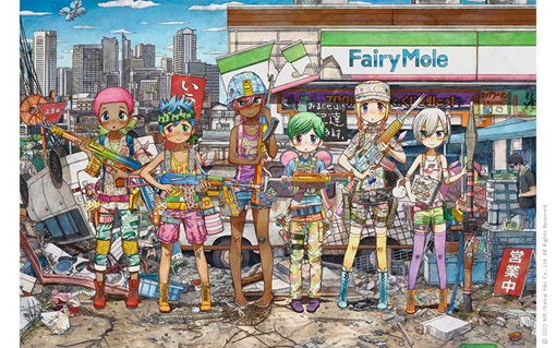 Six anime-style girls armed with colorful toy guns stand in front of a damaged convenience store in a city with a ruined urban background.