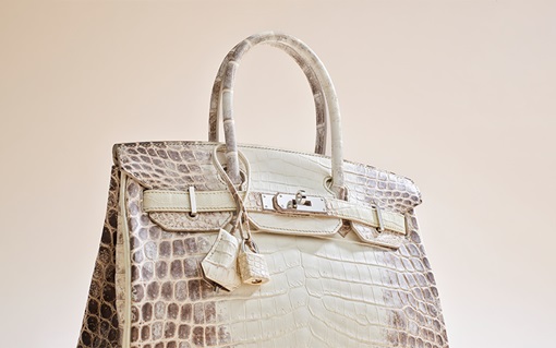 A luxury crocodile leather handbag with a top handle and silver hardware.