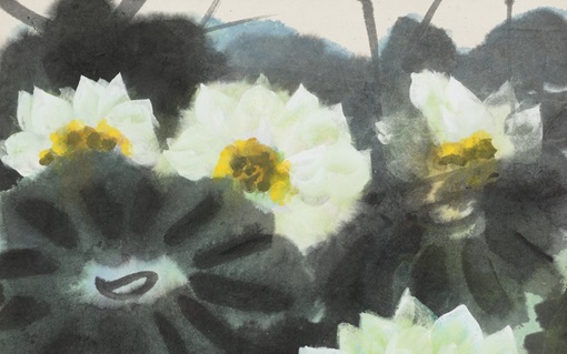 A watercolor painting of blooming white lotus flowers with dark green leaves.