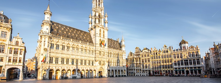 Aerial view of a vibrant Brussels with a central plaza, river, and lush green parks under a clear blue sky.