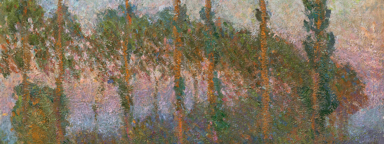 The image displays an impressionistic painting of a forest with tall, vertical trees reflected in water, using vibrant and varied brush strokes.