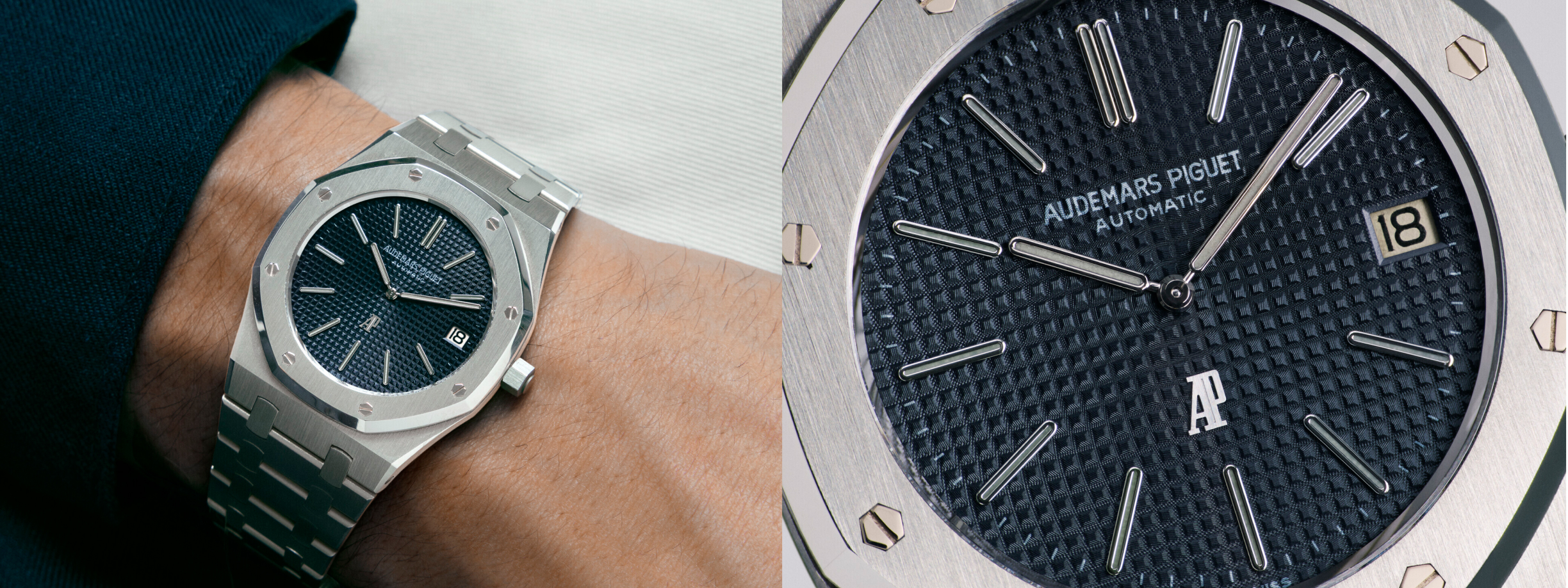 Split image showing a luxury watch worn on a wrist and a close-up of its textured dial.