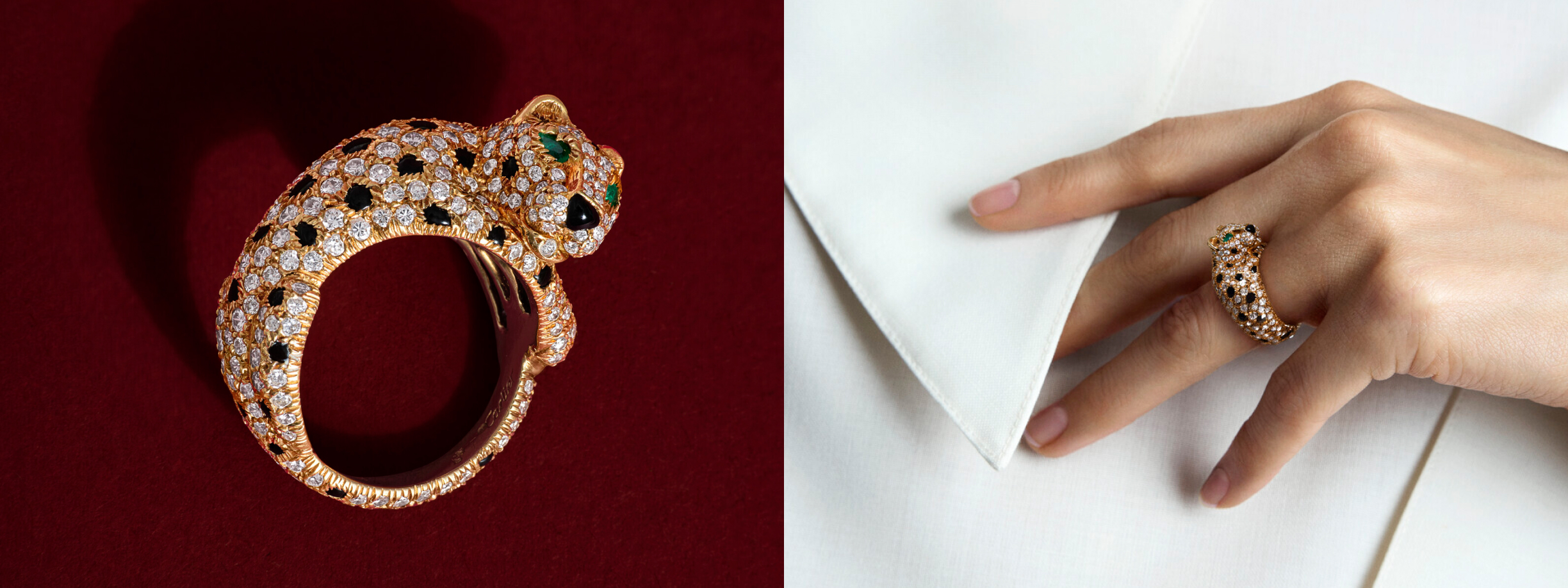 An ornate gold and diamond serpent ring displayed on red velvet and worn on a woman's finger against a white background.
