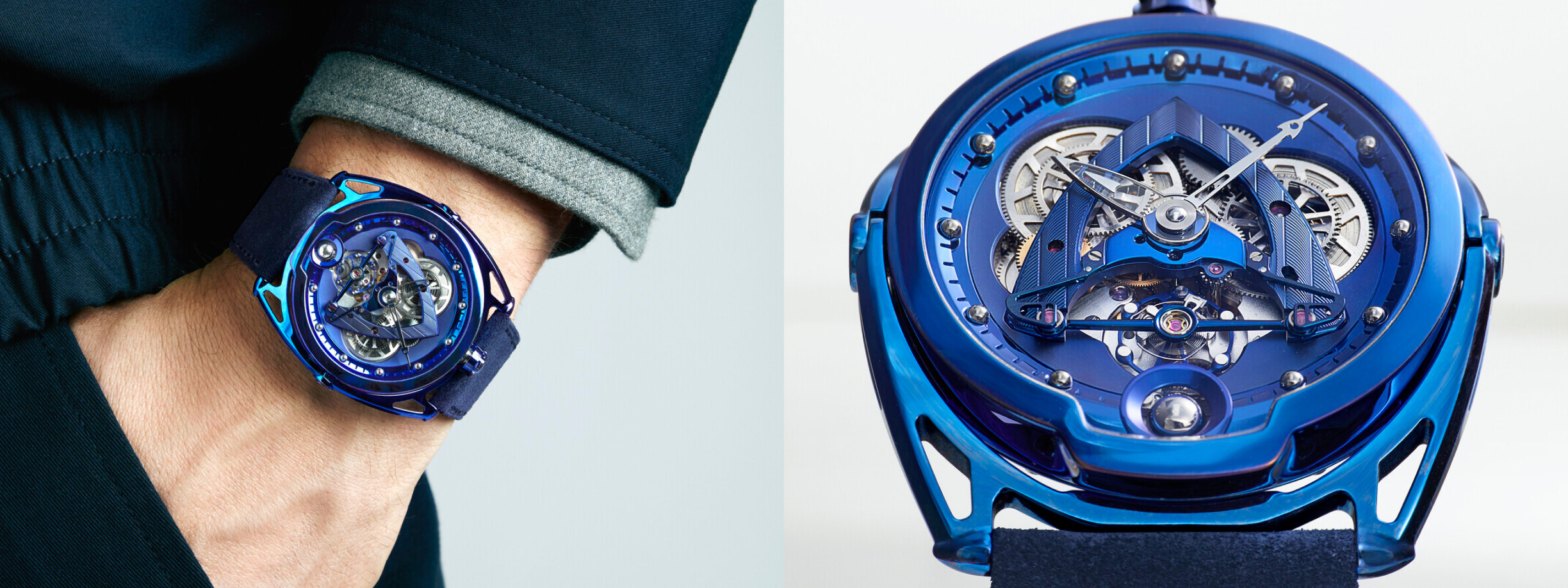 A sleek blue wristwatch worn on a man's wrist paired with a close-up of its intricate mechanical design.