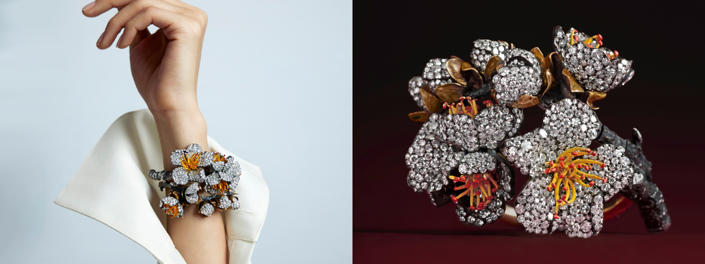 A woman's wrist adorned with a luxurious floral bracelet next to an image of similar style decorative flowers.