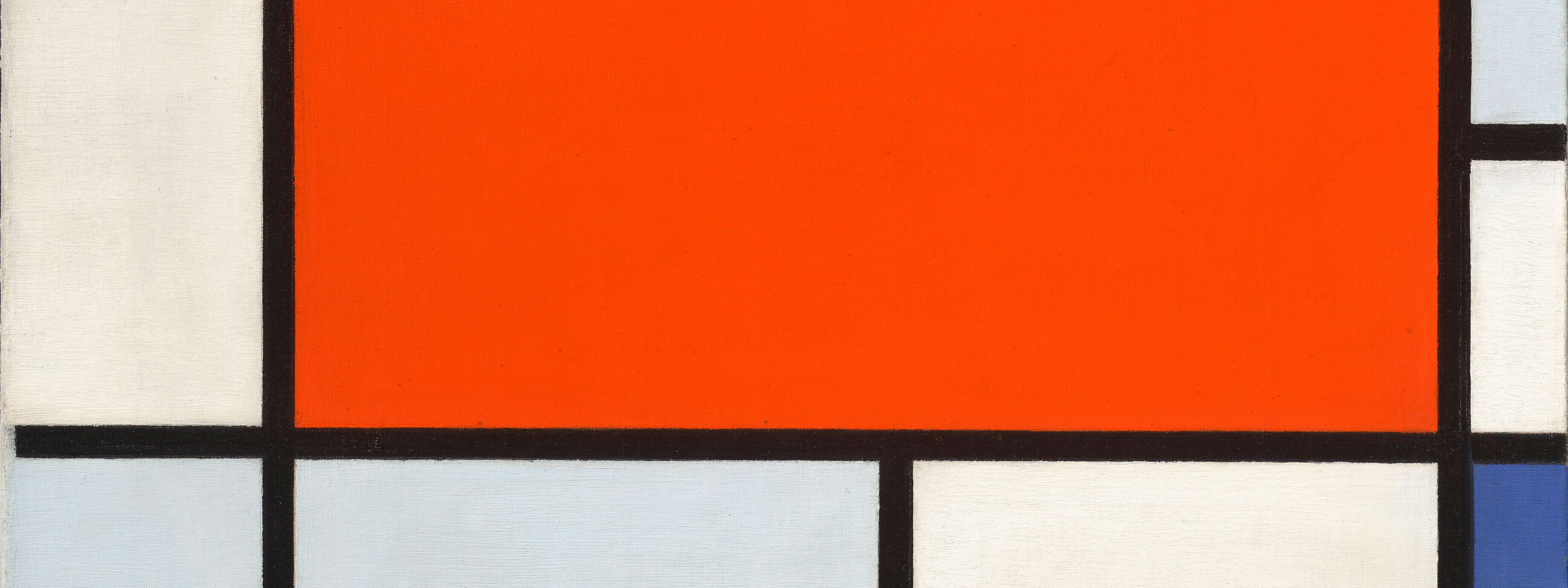 A geometric abstract painting featuring a large orange rectangle centered between areas of white, blue, and black.