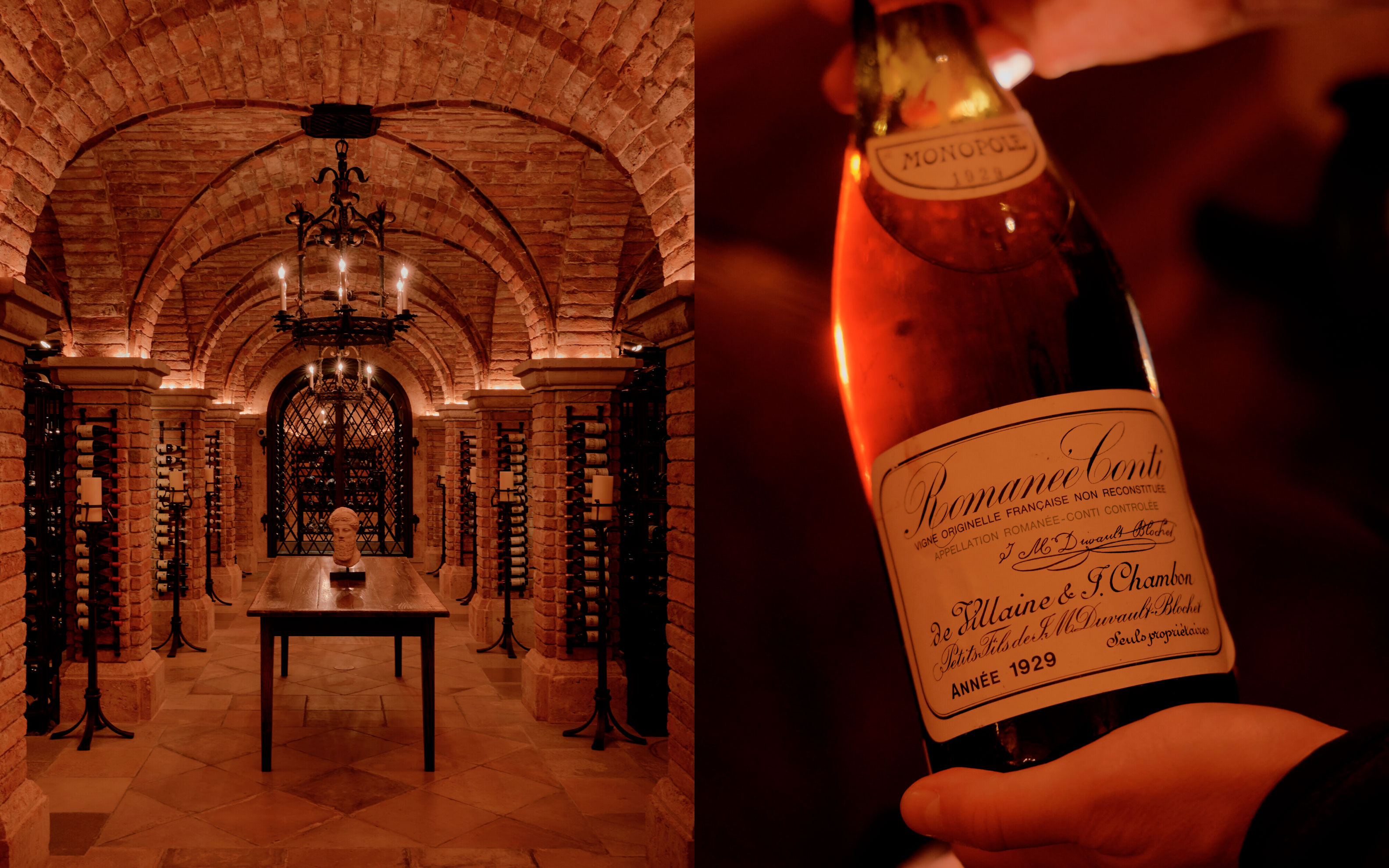 An atmospheric wine cellar with arched brick supports, lined with bottles, paired with a close-up of a hand holding a vintage 1929 wine bottle.
