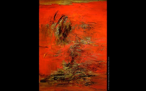 Abstract red painting with dynamic black and white brush strokes creating a chaotic effect.