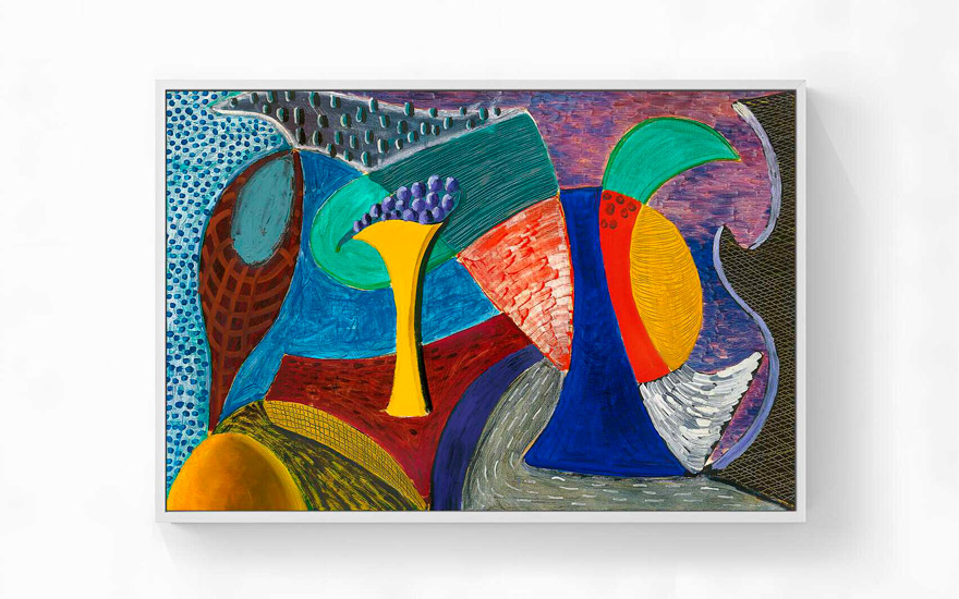 Abstract painting with dynamic white, red, and black strokes on a textured, splattered background.