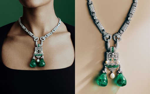An elegant necklace with diamonds and green gemstone pendants worn by a woman against a green background, alongside a close-up of the necklace.