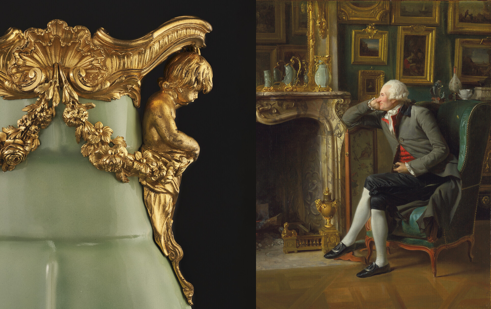 The image displays a luxurious room with ornate decor, including a fireplace, vintage furniture, and multiple framed artworks on the wall.