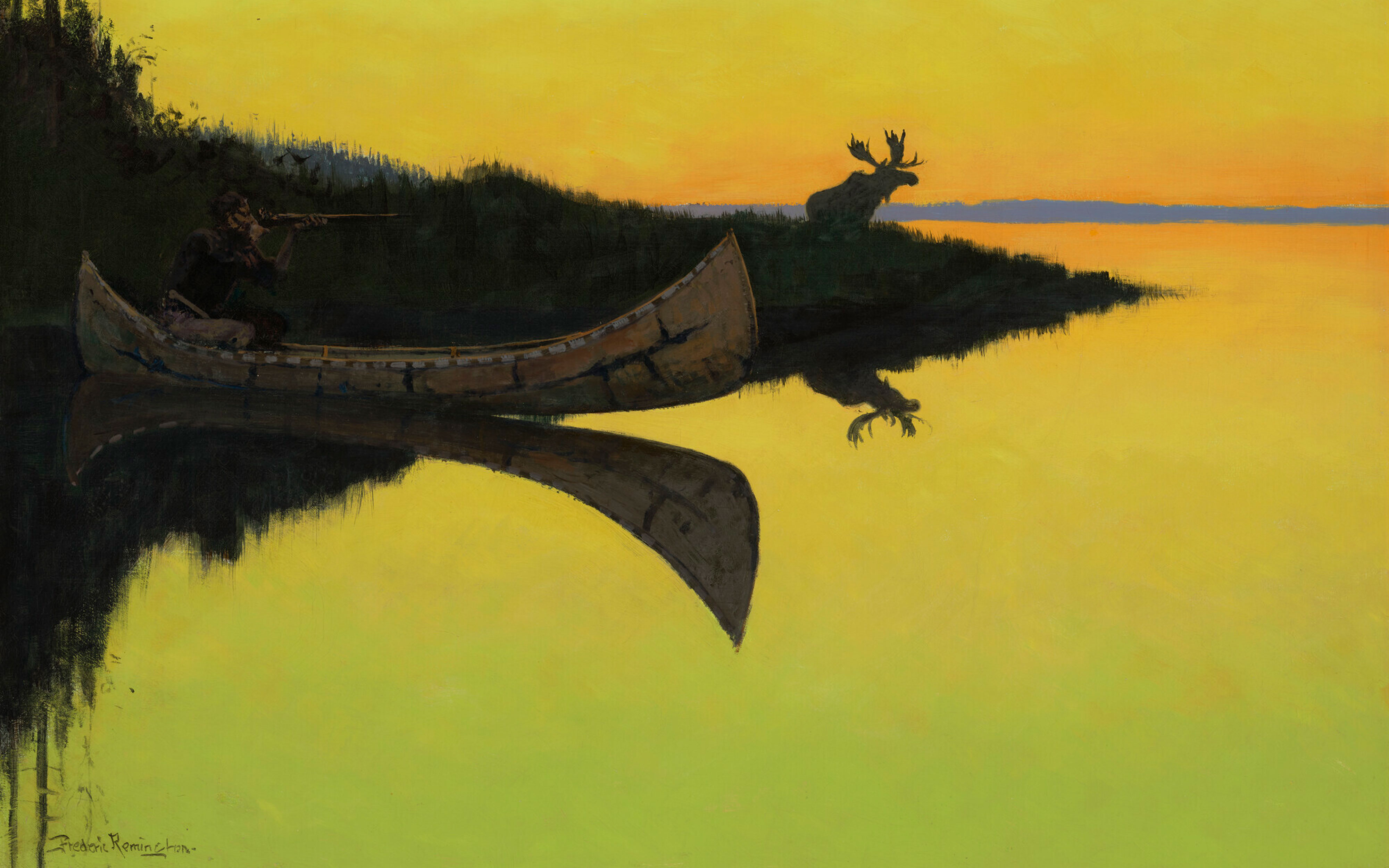 A hunter in a canoe aims a rifle at a moose standing on the shore during a yellow sunset, with both reflections visible in the water.