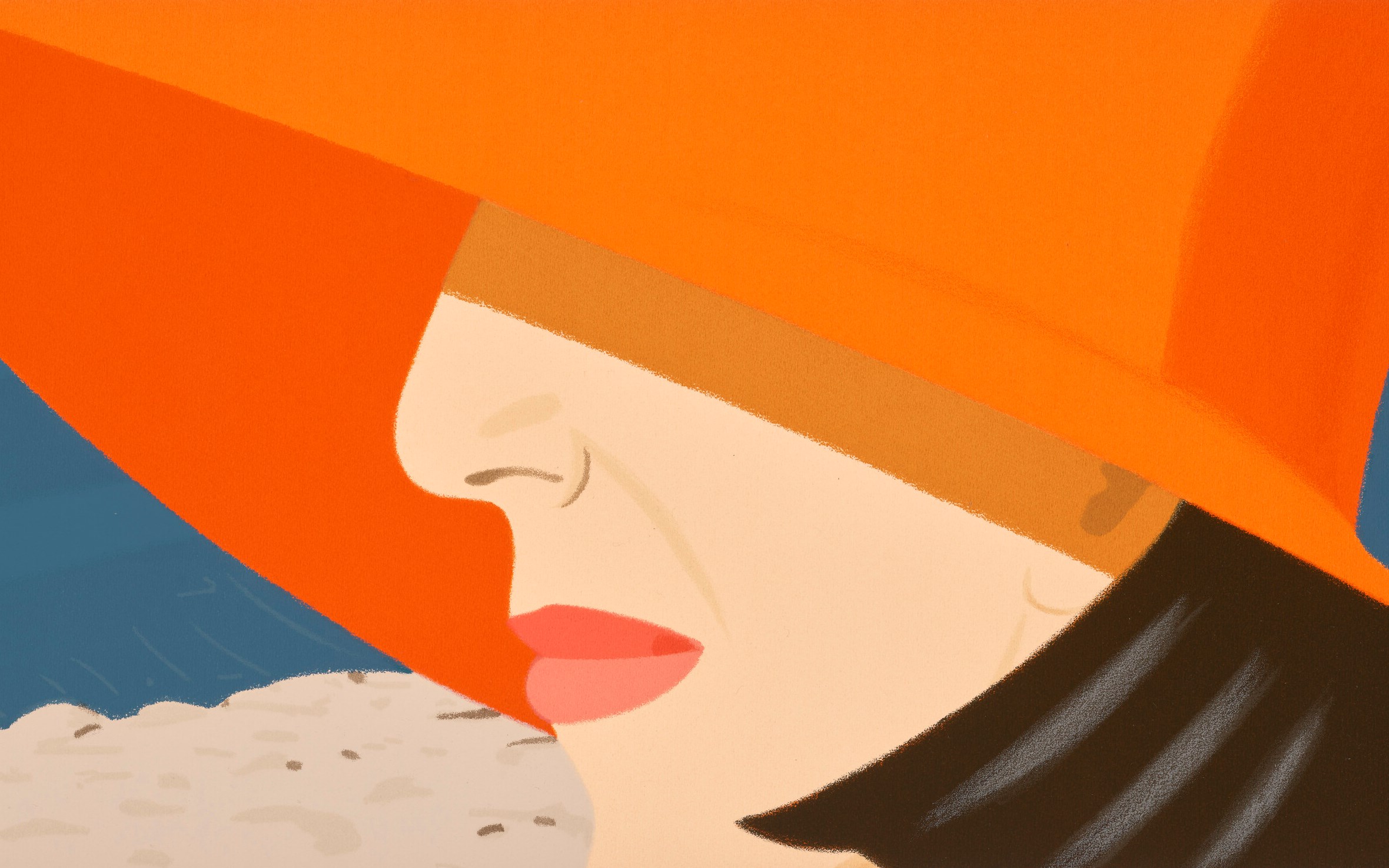 An orange object is positioned above a sandy surface with a blue section in the bottom left.