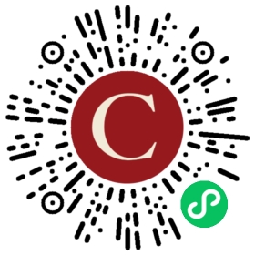 A circular QR code with a large "C" in the center and a green icon at the bottom right.