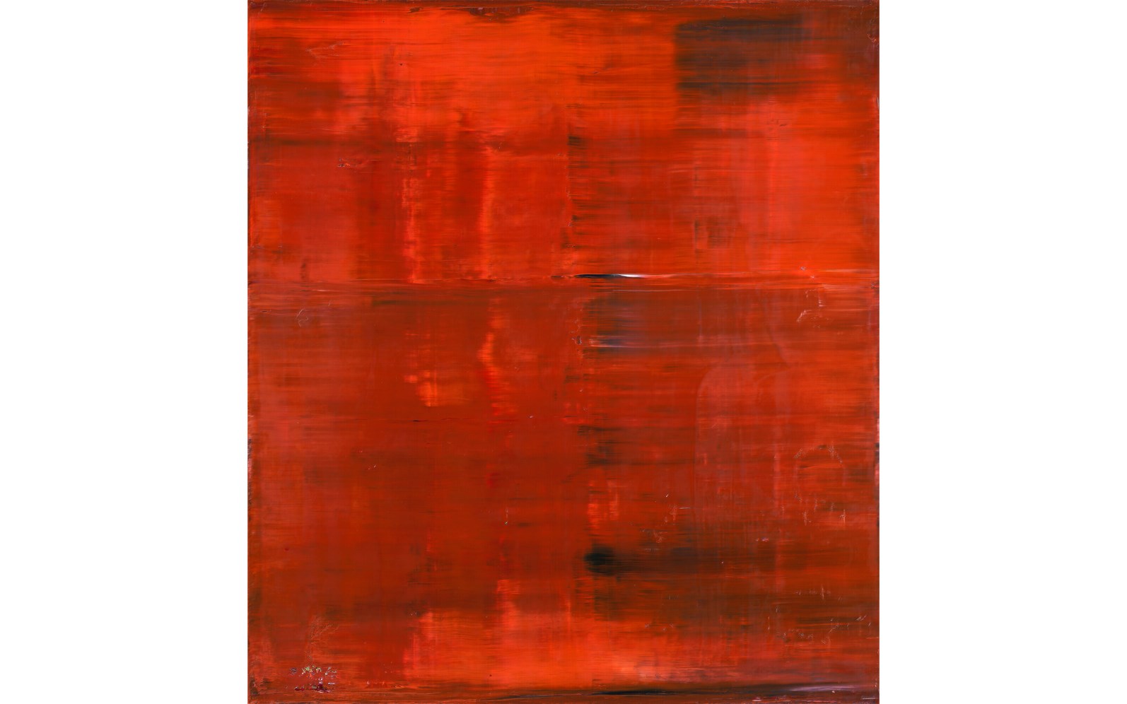 The image shows an abstract painting with bold red and orange hues blended in broad brush strokes.
