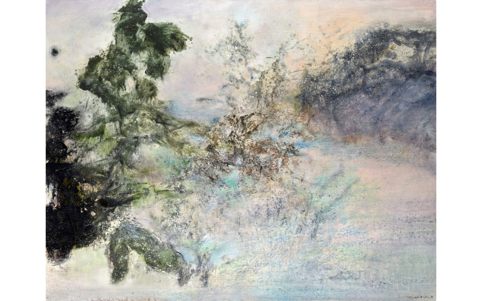 An abstract painting with swirling, textured brushstrokes in green, black, blue, and pale tones.