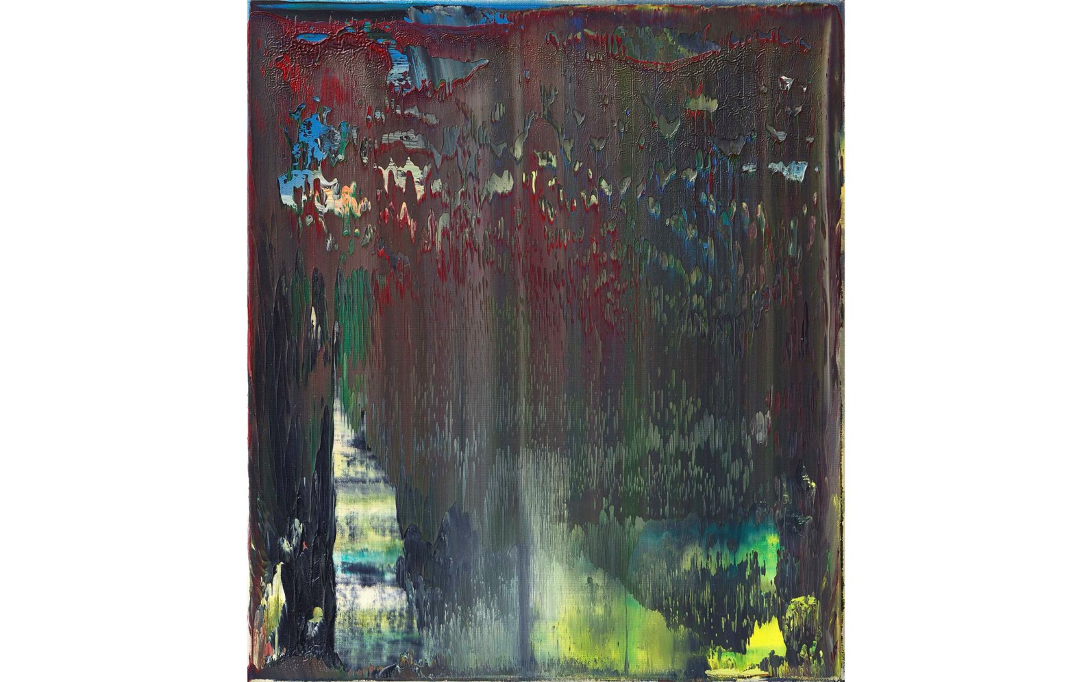 This is an abstract painting with vertical streaks of dark, vibrant, and blended colors.