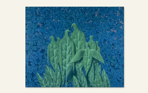 A group of green birds made of leaves stands against a blue leafy background.