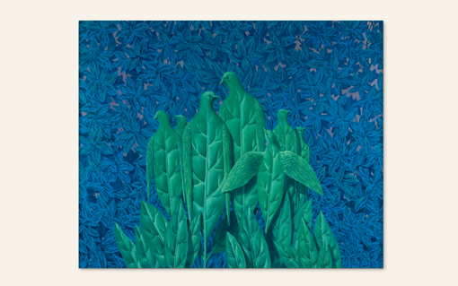 Green birds made of leaf shapes stand together against a blue leafy background.