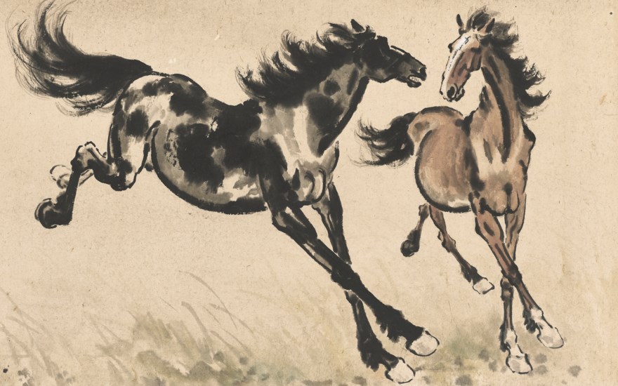 Two horses are running energetically across the grass, painted in a traditional style.