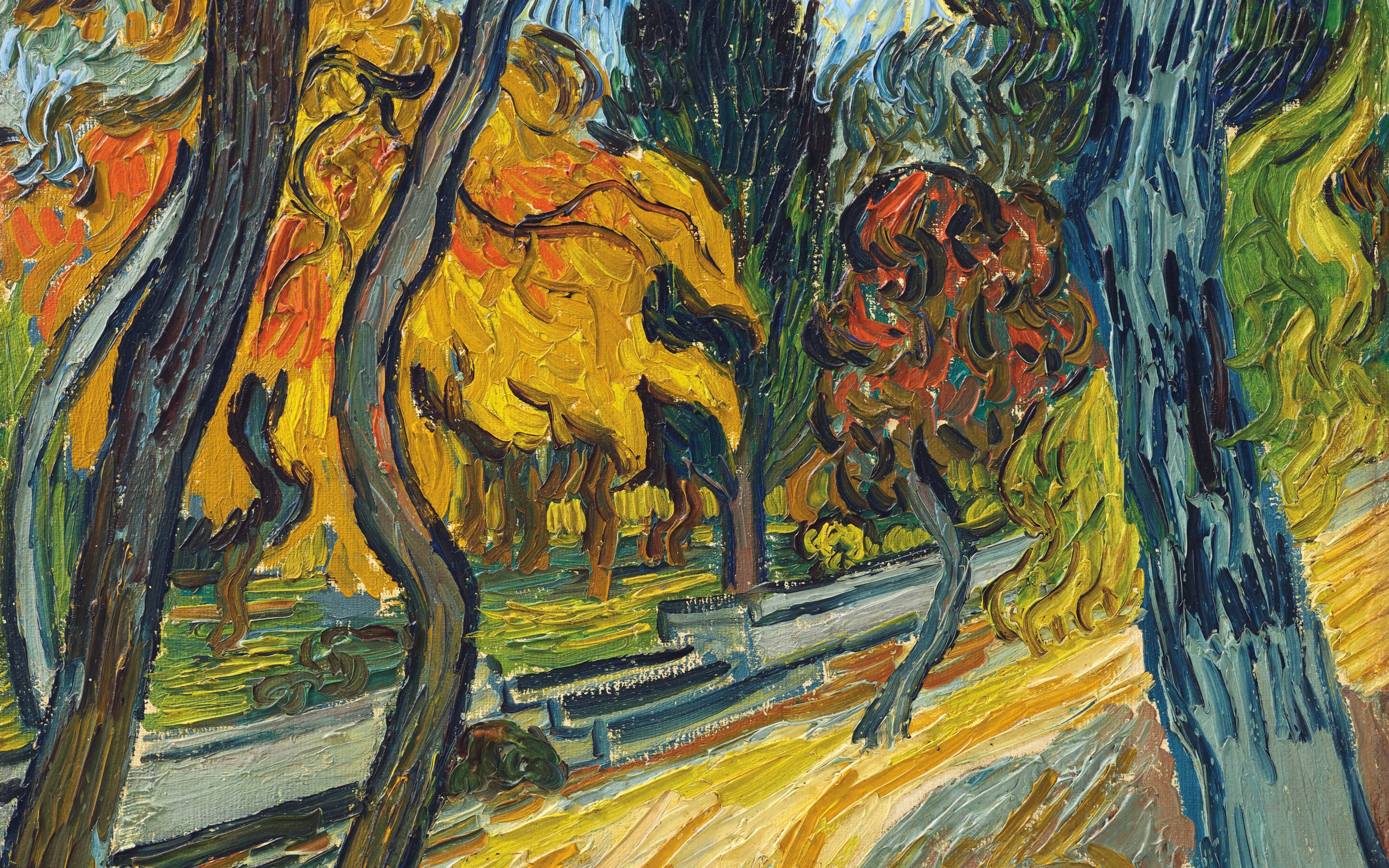 A vibrant painting depicts a colorful autumn landscape with swirling trees and a winding path.