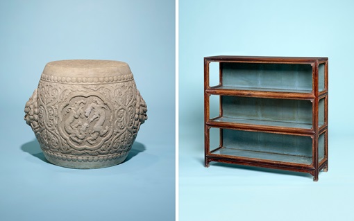 A carved stone stool and a three-tiered wooden shelf stand side by side on a blue background.