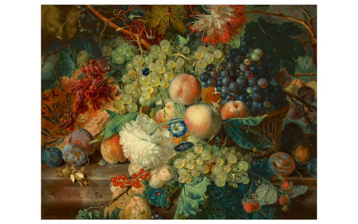 A vibrant still life painting of assorted fruits and flowers with rich colors and intricate detail.