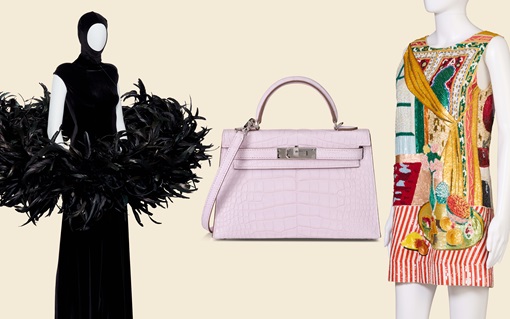 A black feathered gown, a pastel pink handbag, and a colorful embroidered dress are displayed.