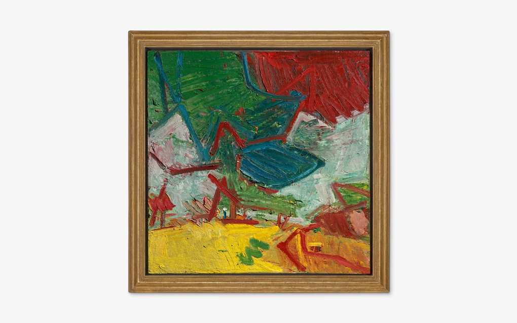 The image shows an abstract painting with bold strokes of green, red, yellow, and blue.