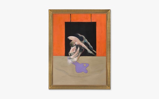 An abstract painting features distorted figures against an orange and black geometric background.