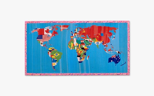 A world map with each country filled in using its national flag, on a blue background with a pink border.