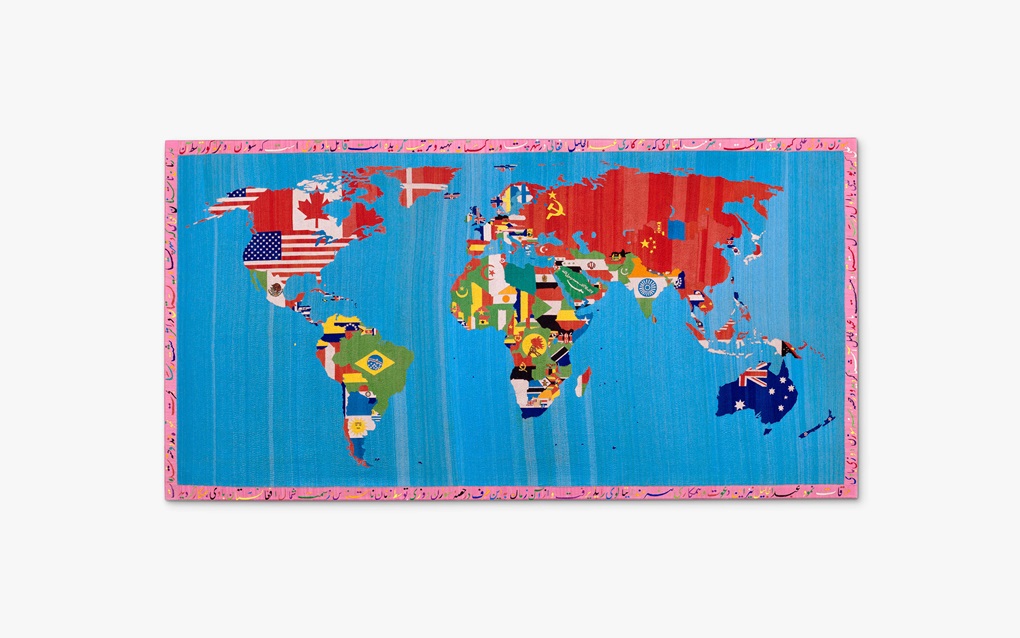 A world map with each country filled in using its national flag, on a blue background with a pink border.