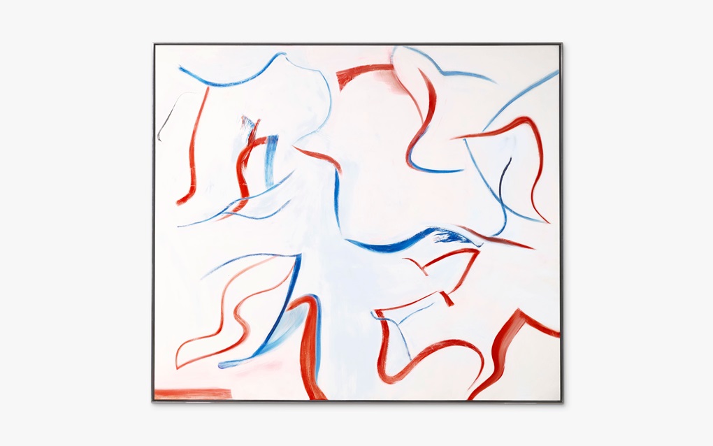 Abstract painting with flowing red and blue lines on a white background.