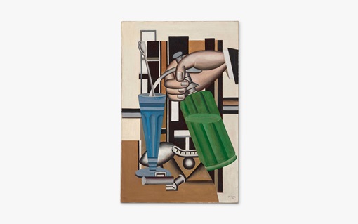 A stylized hand pours from a green bottle into a tall blue glass with a spoon.