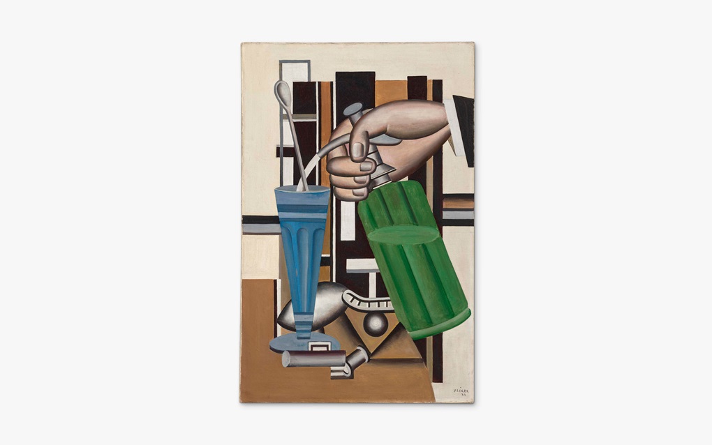 A stylized hand pours from a green bottle into a tall blue glass with a spoon.