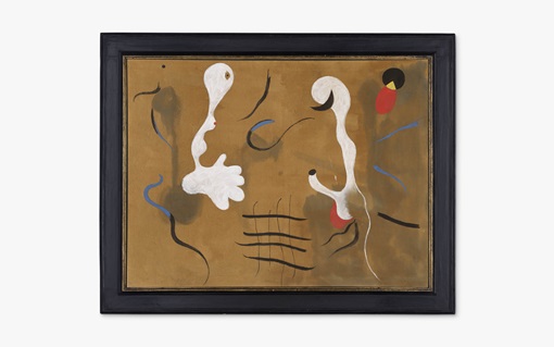 Abstract art with flowing white shapes, black lines, and red and blue accents on a brown background.