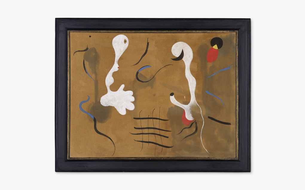 Abstract art with flowing white shapes, black lines, and red and blue accents on a brown background.