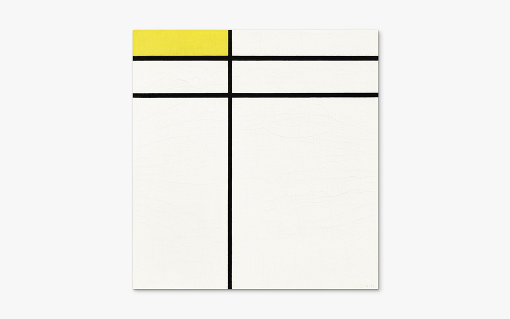 A minimalist painting with black lines forming a grid and a yellow rectangle at the top left.