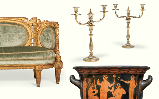 The image displays an ornate gold-trimmed green velvet sofa, two elegant candlestick holders, and an ancient Greek-style painted vase.