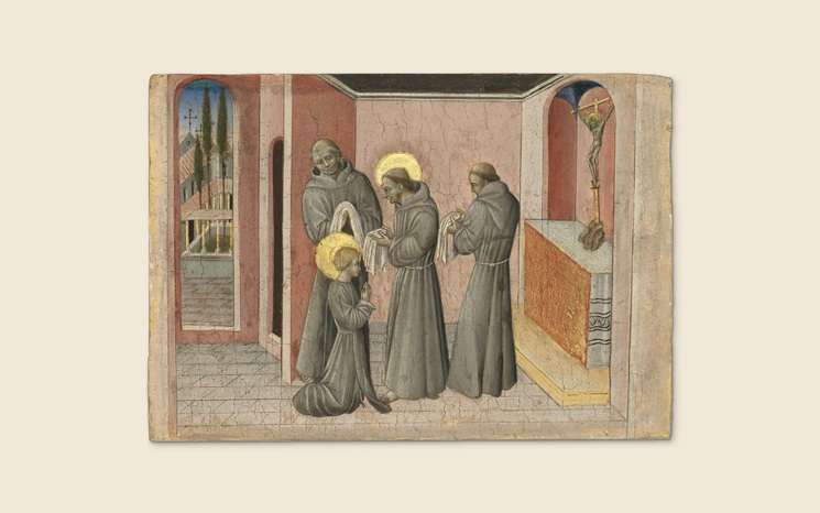 The image depicts a scene with figures in robes within an architectural setting, resembling a religious or historical narrative from medieval artwork.