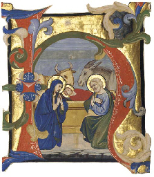 nativity in an initial h cut from an illuminated music manuscript