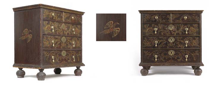 A William And Mary Diminutive Paint Decorated Pine Chest Of