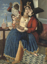 AN AMOROUS COUPLE , SCHOOL OF ABU'L HASAN KHAN GHAFFARI, QAJAR IRAN